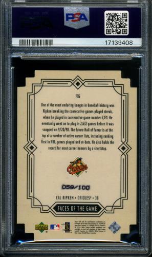 2000 Upper Deck Faces of the Game Die Cuts #F16 Cal Ripken PSA 10 #17139408 - Back