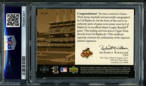 2000 Upper Deck Game Jersey Autograph #HCR Cal Ripken PSA 10 #76865341 - Back