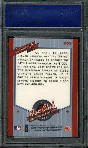 2001 Donruss Baseball's Best Silver #203 Cal Ripken FC PSA 10 #40641462 - Back