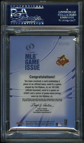 2001 Fleer Legacy MLB Game Issue Base-Ball-Jersey #8 Cal Ripken PSA 9 #20700179 - Back