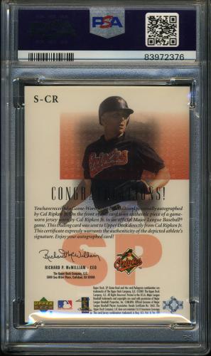 2001 SP Game-Used Edition Authentic Fabric Autographs #S-CR Cal Ripken PSA 10 #83972376 - Back