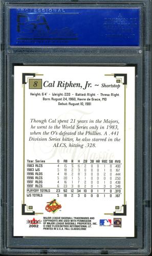 2002 Fleer Fall Classics #08 Cal Ripken PSA 10 #60105182 - Back
