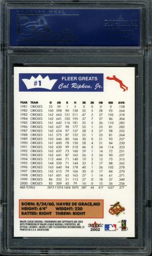2002 Greats of the Game #1 Cal Ripken PSA 10 #21125039 - Back