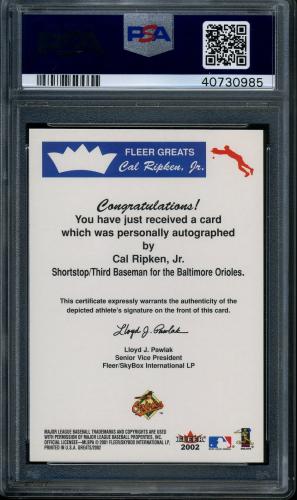 2002 Greats of the Game Autographs #CR Cal Ripken SP/100 PSA 9 #40730985 - Back