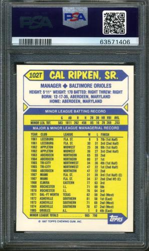 1987 Topps Traded Tiffany #102T Cal Ripken Sr. MG  PSA 10 #63571406 - Back