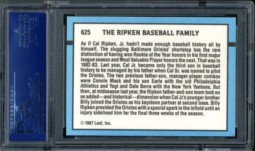 1988 Donruss #625 The Ripken Family [Factory Set - Period after "INC"] PSA 10 #16372520 - Back