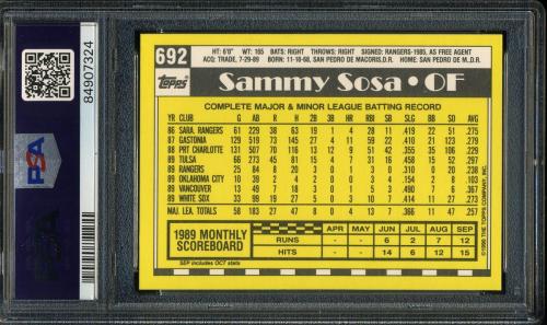 1990 Topps Tiffany #692 Sammy Sosa PSA 10 #84907324 - Back