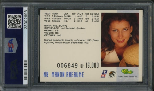 1993 Classic Crash Numbered #N8 Manon Rheaume PSA 10 #28302698 - Back