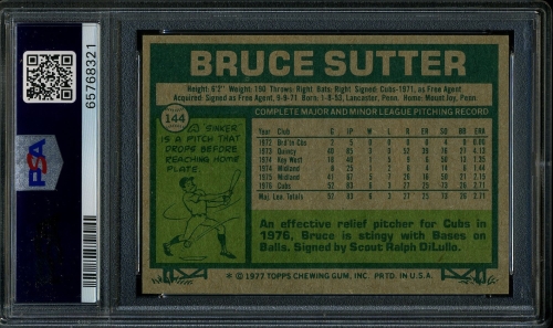 1977 Topps #144 Bruce Sutter PSA 10 #65768321 - Back