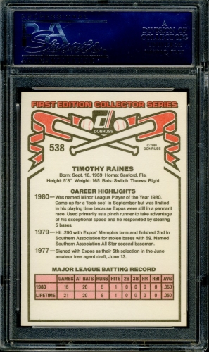 1981 Donruss #538 Tim Raines PSA 10 #21617132 - Back