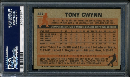 1983 Topps #482 Tony Gwynn PSA 10 #26367871 - Back