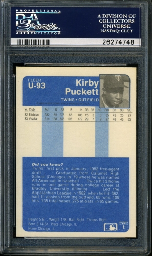 1984 Fleer Update #U-093 Kirby Puckett PSA 10 #26274748 - Back