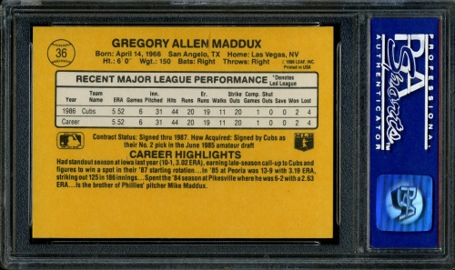 1987 Donruss #036 Greg Maddux PSA 10 #08024208 - Back