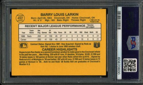 1987 Donruss #492 Barry Larkin PSA 10 #60870600 - Back