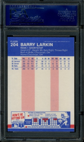 1987 Fleer #204 Barry Larkin PSA 10 #16254830 - Back
