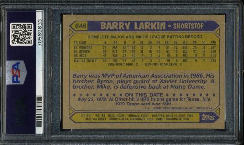 1987 Topps #648 Barry Larkin PSA 10 #78569633 - Back