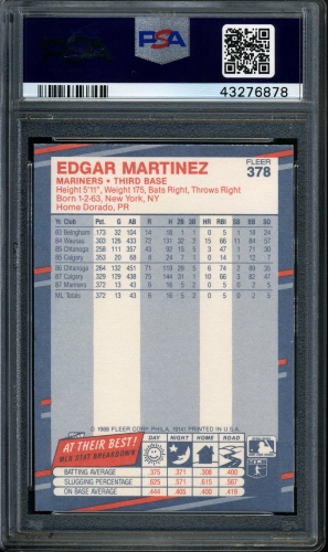 1988 Fleer #378 Edgar Martinez PSA 10 #43276878 - Back