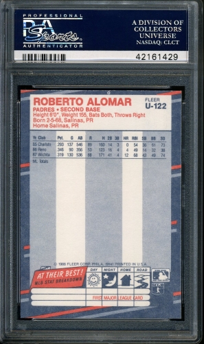 1988 Fleer Update #U-122 Roberto Alomar PSA 10 #42161429 - Back