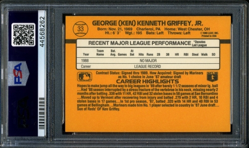 1989 Donruss #033 Ken Griffey, Jr. PSA 10 #44568262 - Back