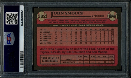 1989 Topps #382 John Smoltz PSA 10 #63358892 - Back
