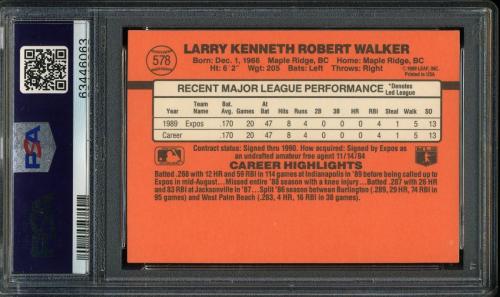 1990 Donruss #578 Larry Walker PSA 10 #63446063 - Back