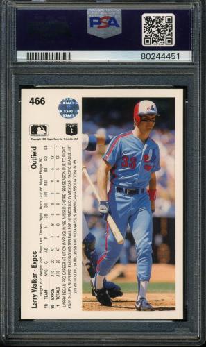 1990 Upper Deck #466 Larry Walker PSA 10 #80244451 - Back