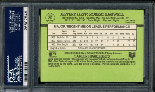 1991 Donruss Rookies #030 Jeff Bagwell PSA 10 #26607846 - Back