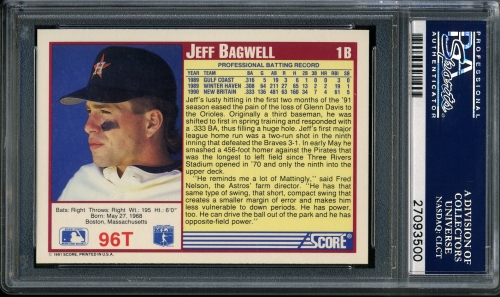 1991 Score Rookie/Traded #096T Jeff Bagwell PSA 10 #27093500 - Back