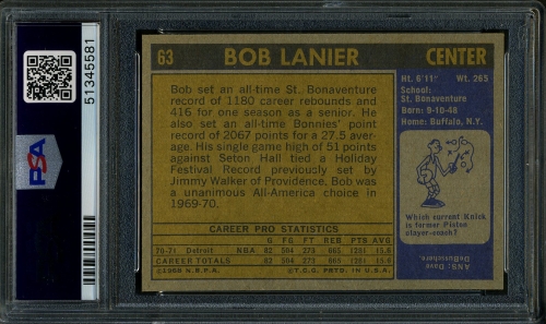 1971 Topps #063 Bob Lanier PSA 9 #51345581 - Back