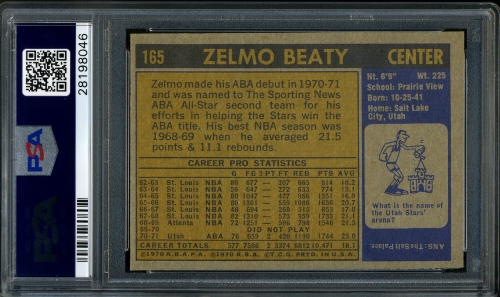 1971 Topps #165 Zelmo Beaty PSA 9 #28198046 - Back