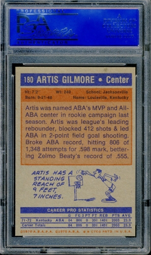 1972 Topps #180 Artis Gilmore PSA 9 #12214906 - Back
