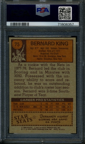 1978 Topps #075 Bernard King PSA 10 #71808357 - Back