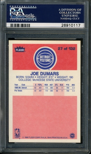 1986 Fleer #027 Joe Dumars PSA 10 #26910117 - Back