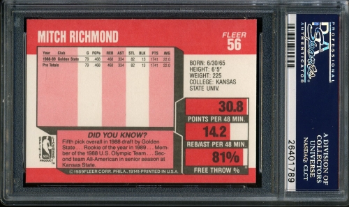 1989 Fleer #056 Mitch Richmond PSA 10 #26401789 - Back
