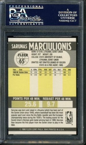 1990 Fleer #065 Sarunas Marciulionis PSA 10 #24876072 - Back