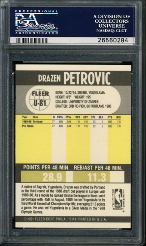 1990 Fleer Update #U-081 Drazen Petrovic PSA 10 #26560284 - Back