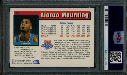 1992 Hoops #361 Alonzo Mourning PSA 10 #64582079 - Back