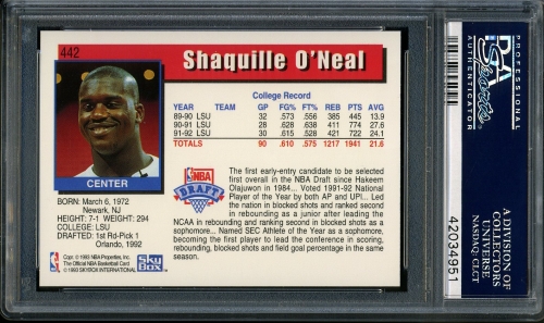 1992 Hoops #442 Shaquille O'Neal PSA 10 #42034951 - Back