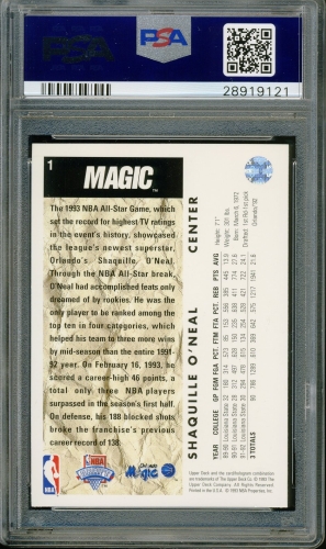1992 Upper Deck #001 Shaquille O'Neal PSA 10 #28919121 - Back