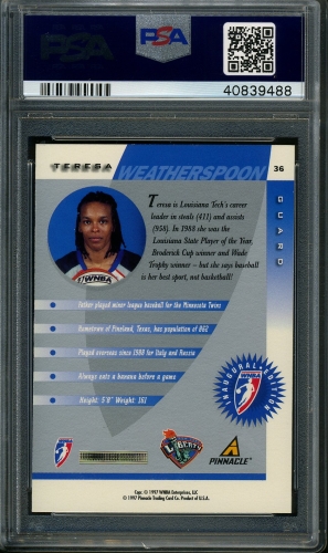 1997 Pinnacle Inside WNBA #046 Teresa Weatherspoon PSA 10 #40839488 - Back