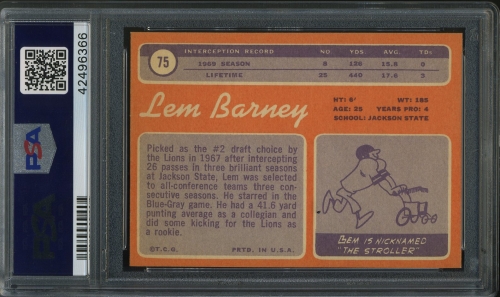 1970 Topps #075 Lem Barney PSA 9 #42496366 - Back