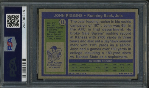 1972 Topps #013 John Riggins PSA 9 #20306215 - Back