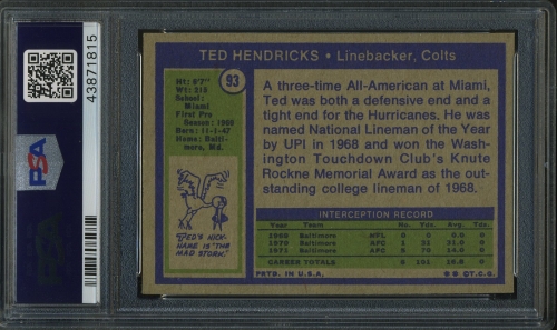 1972 Topps #093 Ted Hendricks PSA 9 #43871815 - Back