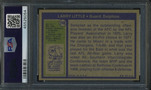 1972 Topps #240 Larry Little PSA 9 #45525054 - Back