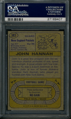 1974 Topps #383 John Hannah PSA 9 #27169407 - Back