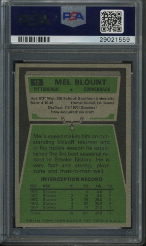 1975 Topps #012 Mel Blount PSA 10 #29021559 - Back