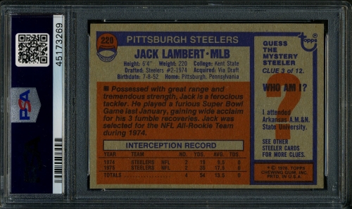1976 Topps #220 Jack Lambert PSA 9 #45173269 - Back