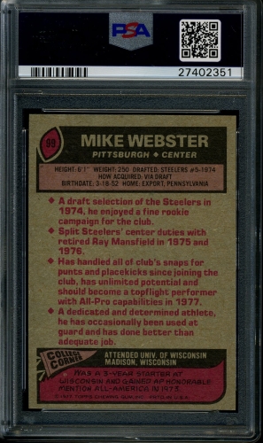 1977 Topps #099 Mike Webster PSA 10 #27402351 - Back