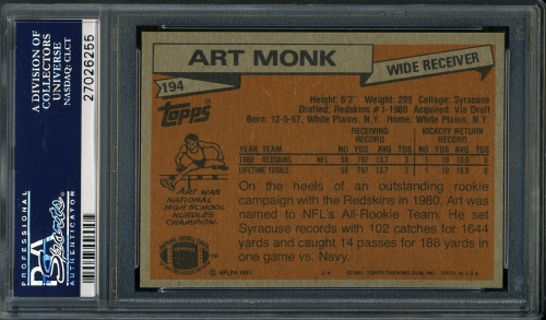 1981 Topps #194 Art Monk PSA 10 #27026255 - Back