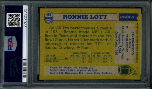 1982 Topps #486 Ronnie Lott PSA 10 #27622330 - Back
